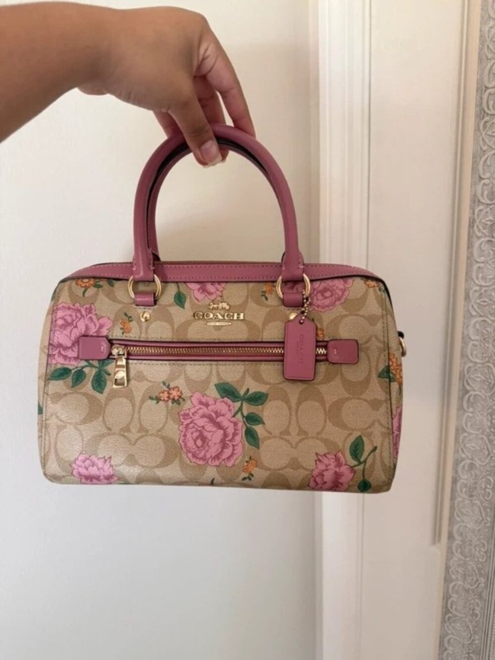 Floral Canvas Satchel Bag Pink Handles Charm Detail